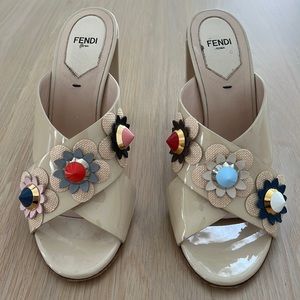 Fendi Beige Patent Leather Flower Studded Mule Size 39